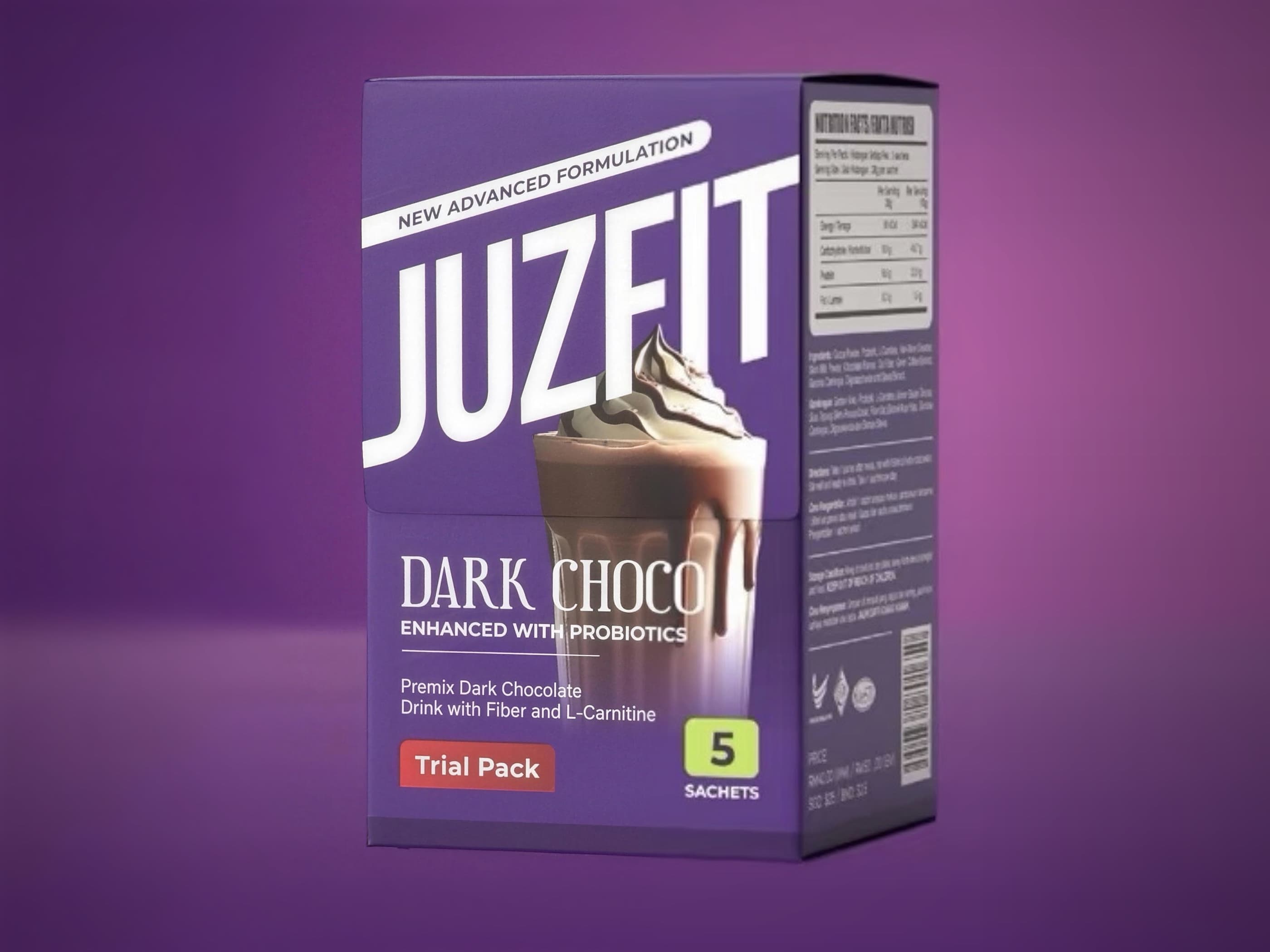 JUZFIT Dark Choco box with a prepared chocolate drink