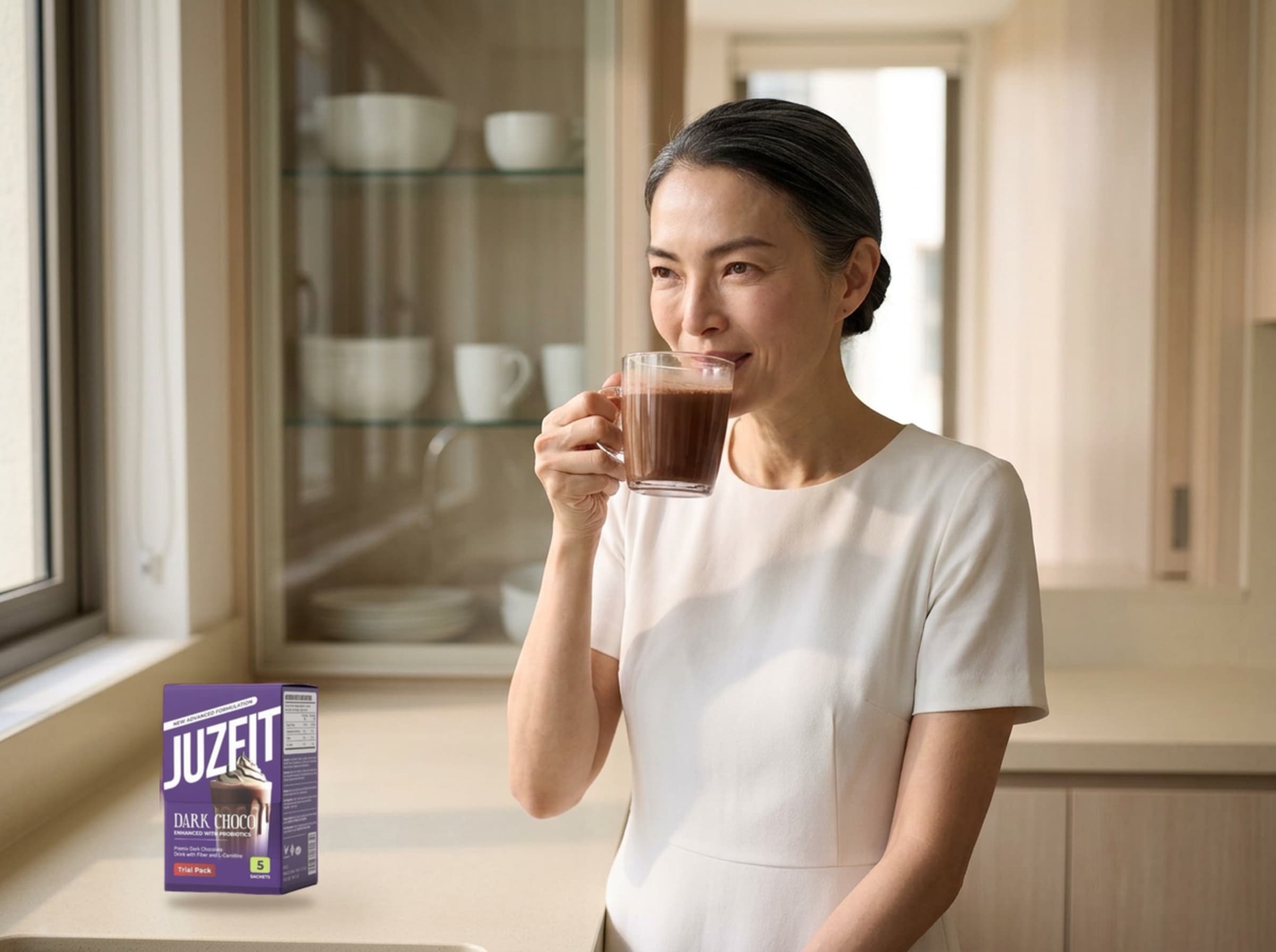 Serene in her kitchen, drinking the prepared chocolate drink, with a box of JUZFIT Dark Choco on the counter